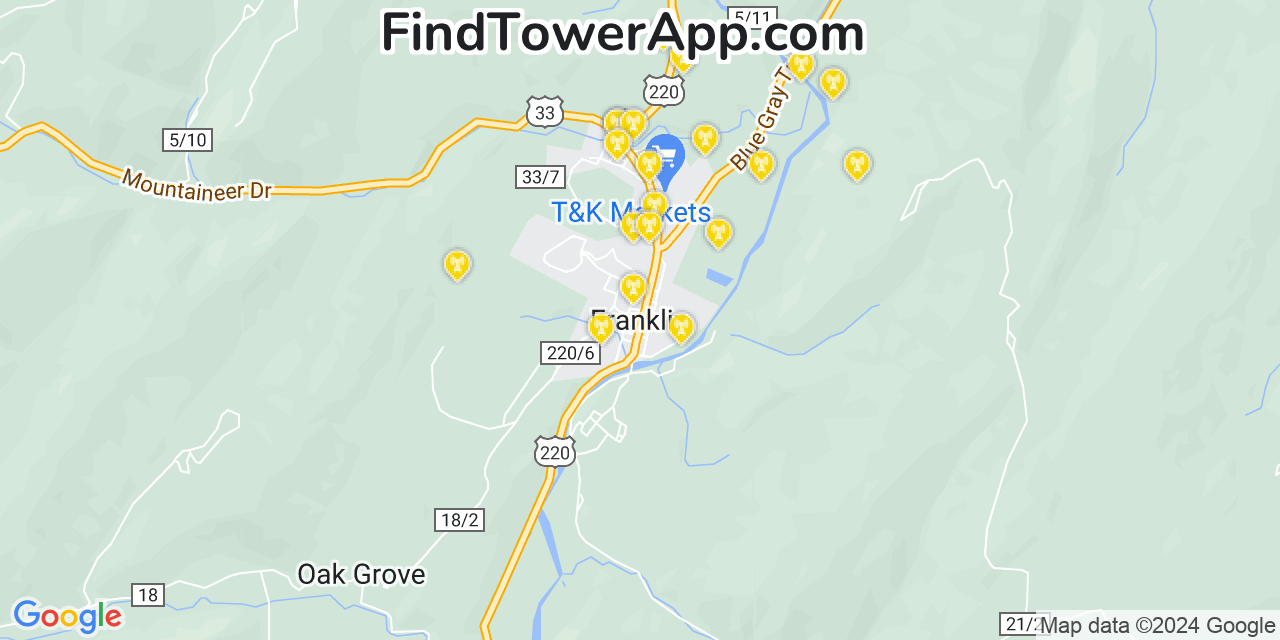 AT&T 4G/5G cell tower coverage map Franklin, West Virginia