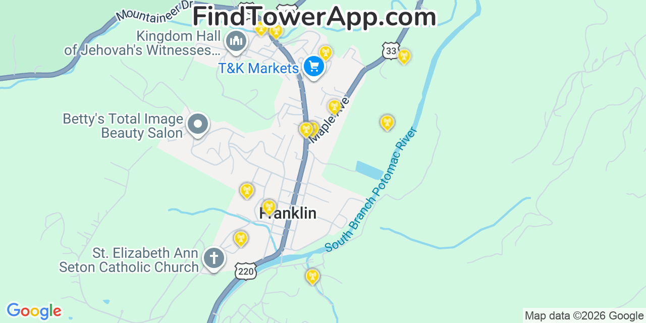 Map showing the 20 primary cell tower locations detected in Franklin, West Virginia from AT&T, Verizon, and T-Mobile networks
