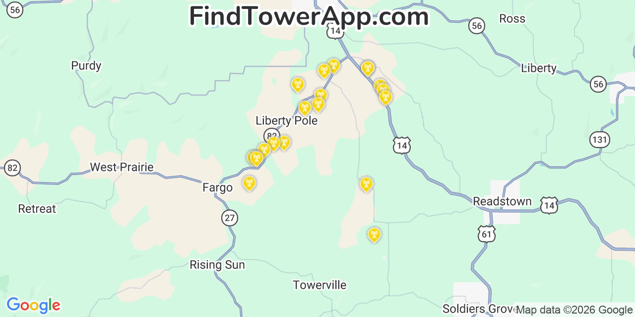Map showing the 20 primary cell tower locations detected in Franklin, Wisconsin from AT&T, Verizon, and T-Mobile networks