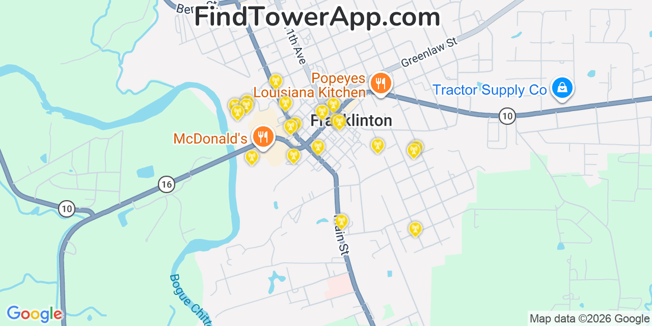 Map showing the 20 primary cell tower locations detected in Franklinton, Louisiana from AT&T, Verizon, and T-Mobile networks