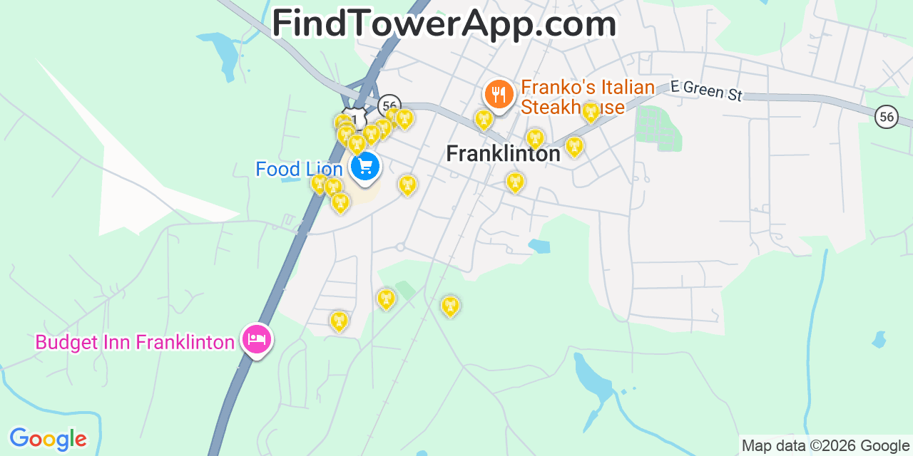 Map showing the 20 primary cell tower locations detected in Franklinton, North Carolina from AT&T, Verizon, and T-Mobile networks