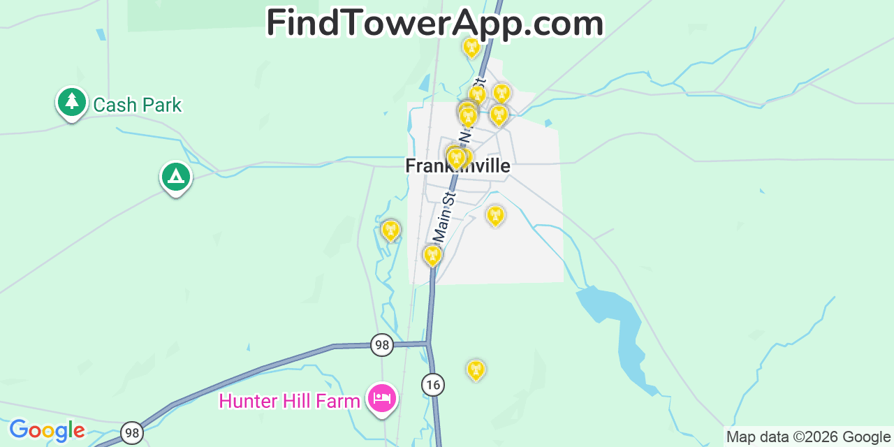 Map showing the 20 primary cell tower locations detected in Franklinville, New York from AT&T, Verizon, and T-Mobile networks
