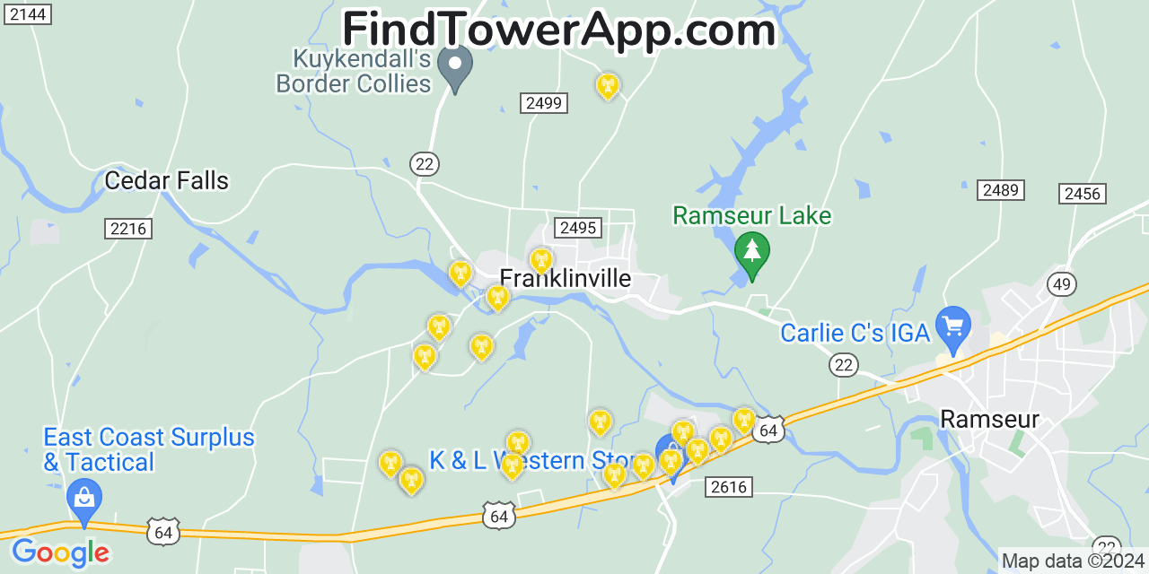 AT&T 4G/5G cell tower coverage map Franklinville, North Carolina