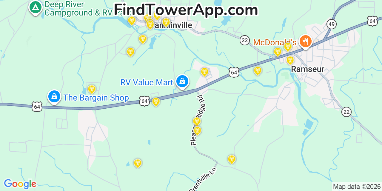Map showing the 20 primary cell tower locations detected in Franklinville, North Carolina from AT&T, Verizon, and T-Mobile networks