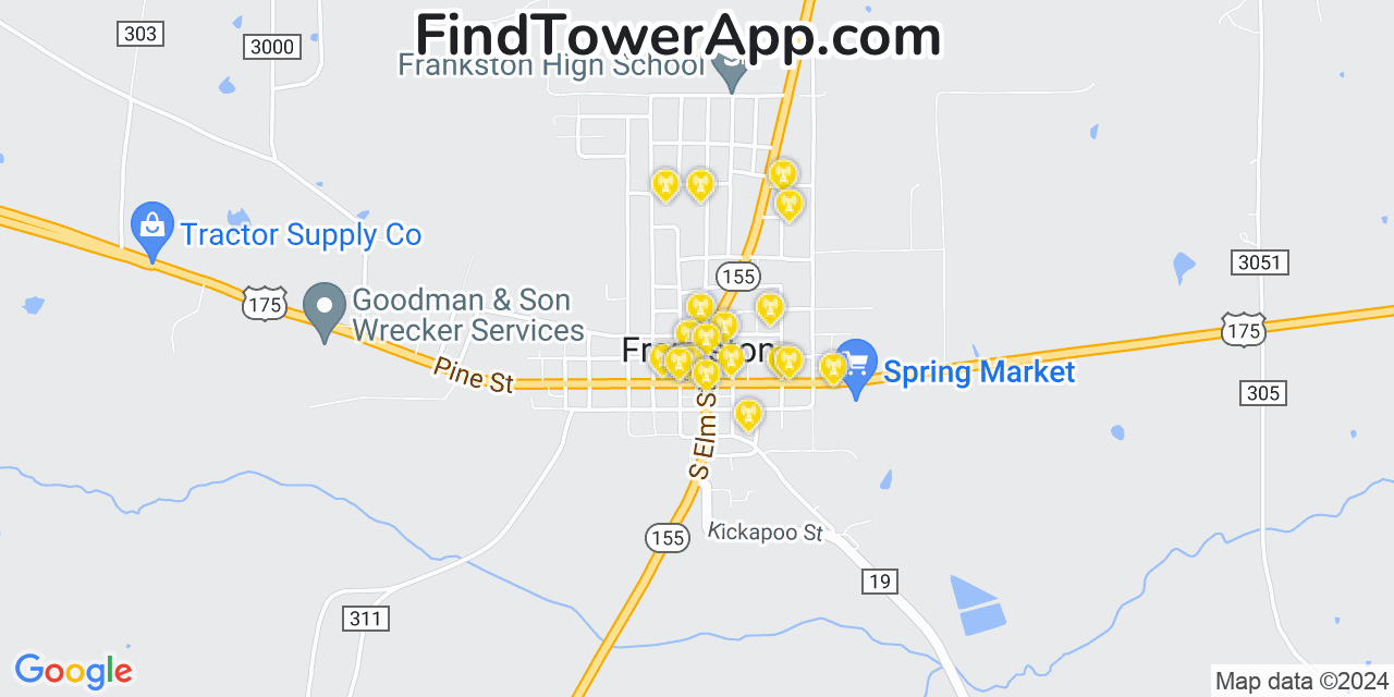 AT&T 4G/5G cell tower coverage map Frankston, Texas