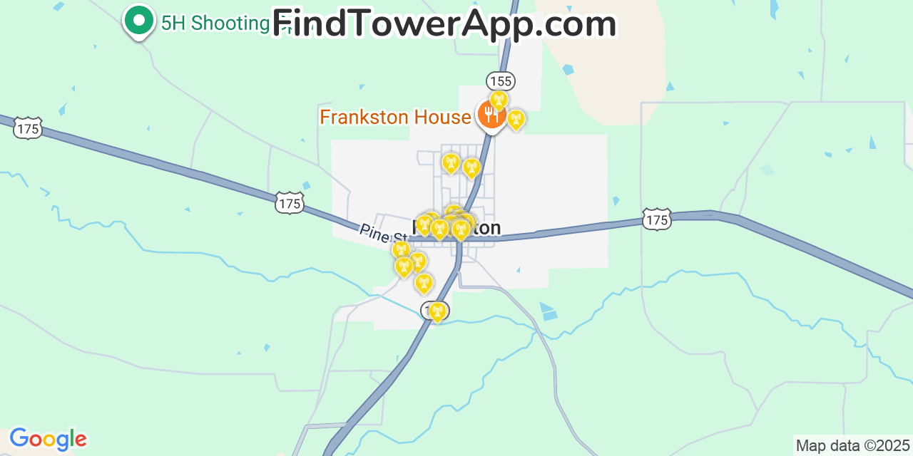Map showing the 20 primary cell tower locations detected in Frankston, Texas from AT&T, Verizon, and T-Mobile networks