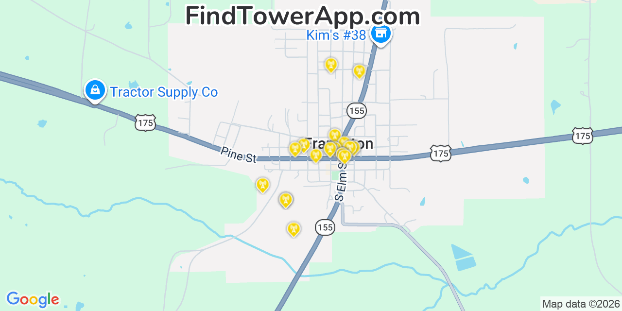 Map showing the 20 primary cell tower locations detected in Frankston, Texas from AT&T, Verizon, and T-Mobile networks