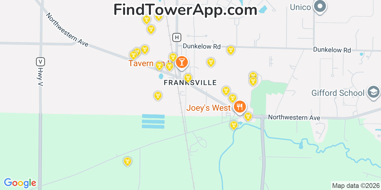 Map showing the 20 primary cell tower locations detected in Franksville, Wisconsin from AT&T, Verizon, and T-Mobile networks