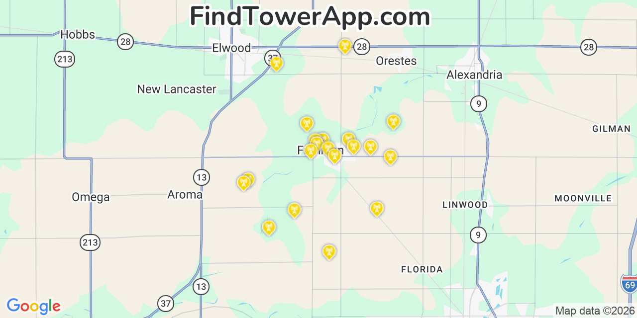 Map showing the 20 primary cell tower locations detected in Frankton, Indiana from AT&T, Verizon, and T-Mobile networks
