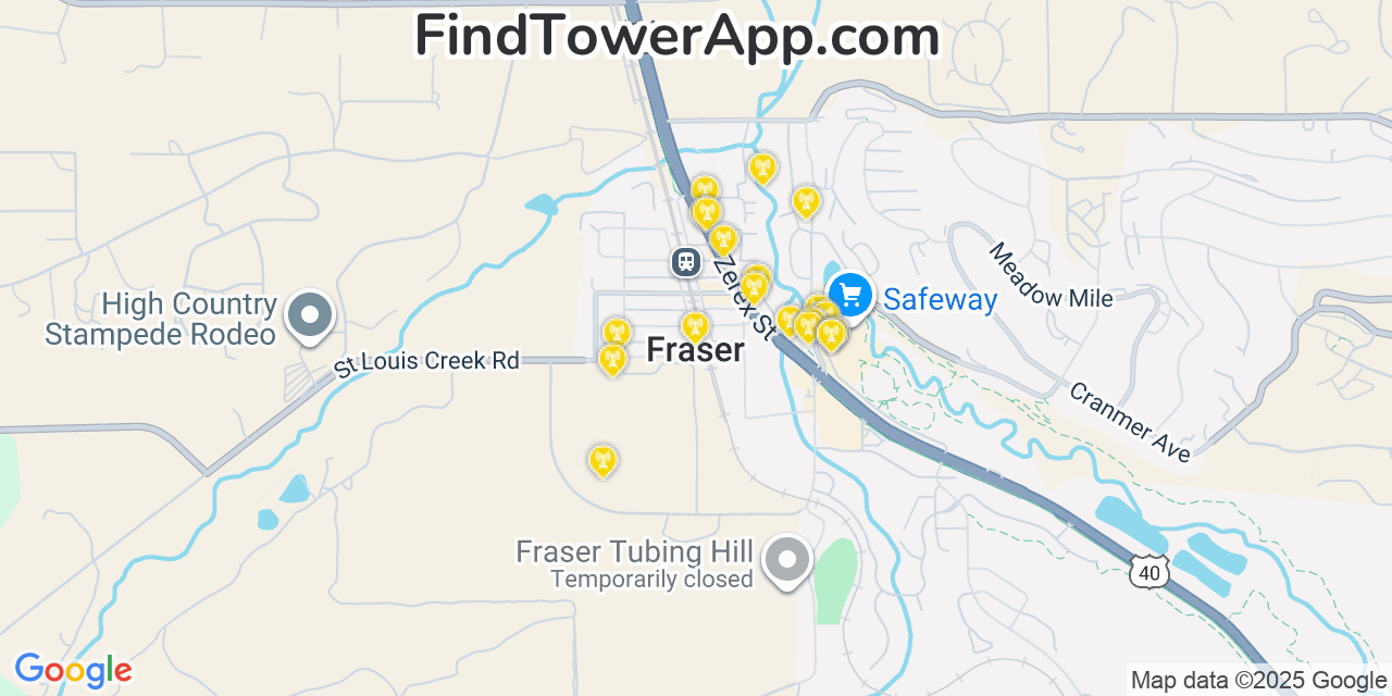 Map showing the 20 primary cell tower locations detected in Fraser, Colorado from AT&T, Verizon, and T-Mobile networks
