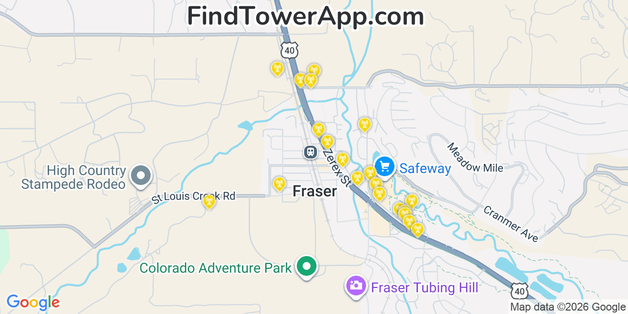 Map showing the 20 primary cell tower locations detected in Fraser, Colorado from AT&T, Verizon, and T-Mobile networks
