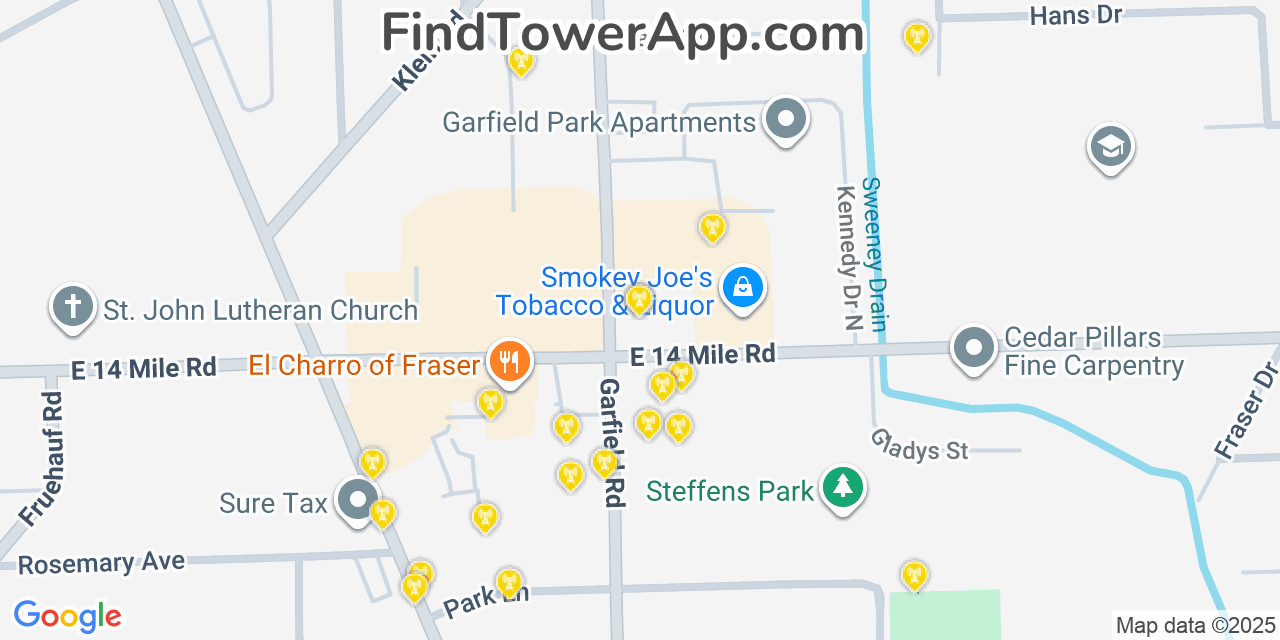 Map showing the 20 primary cell tower locations detected in Fraser, Michigan from AT&T, Verizon, and T-Mobile networks