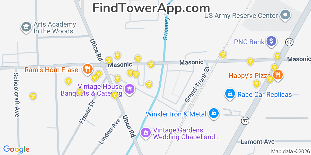Map showing the 20 primary cell tower locations detected in Fraser, Michigan from AT&T, Verizon, and T-Mobile networks