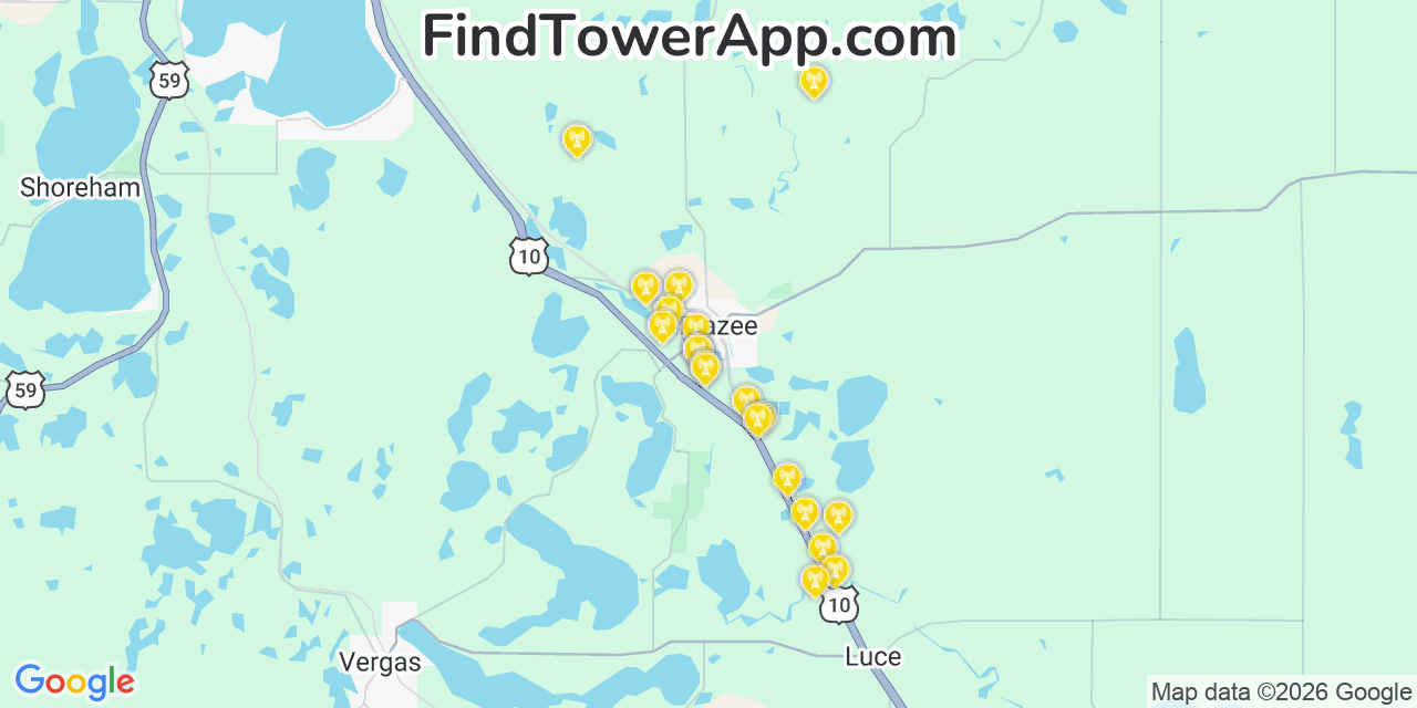 Map showing the 20 primary cell tower locations detected in Frazee, Minnesota from AT&T, Verizon, and T-Mobile networks