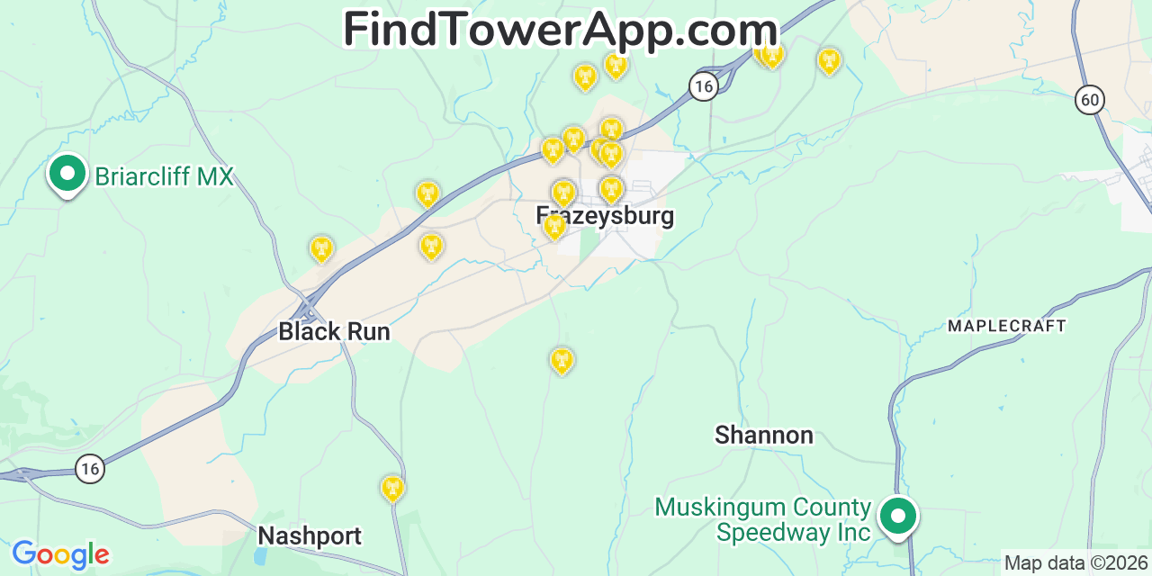 Map showing the 20 primary cell tower locations detected in Frazeysburg, Ohio from AT&T, Verizon, and T-Mobile networks