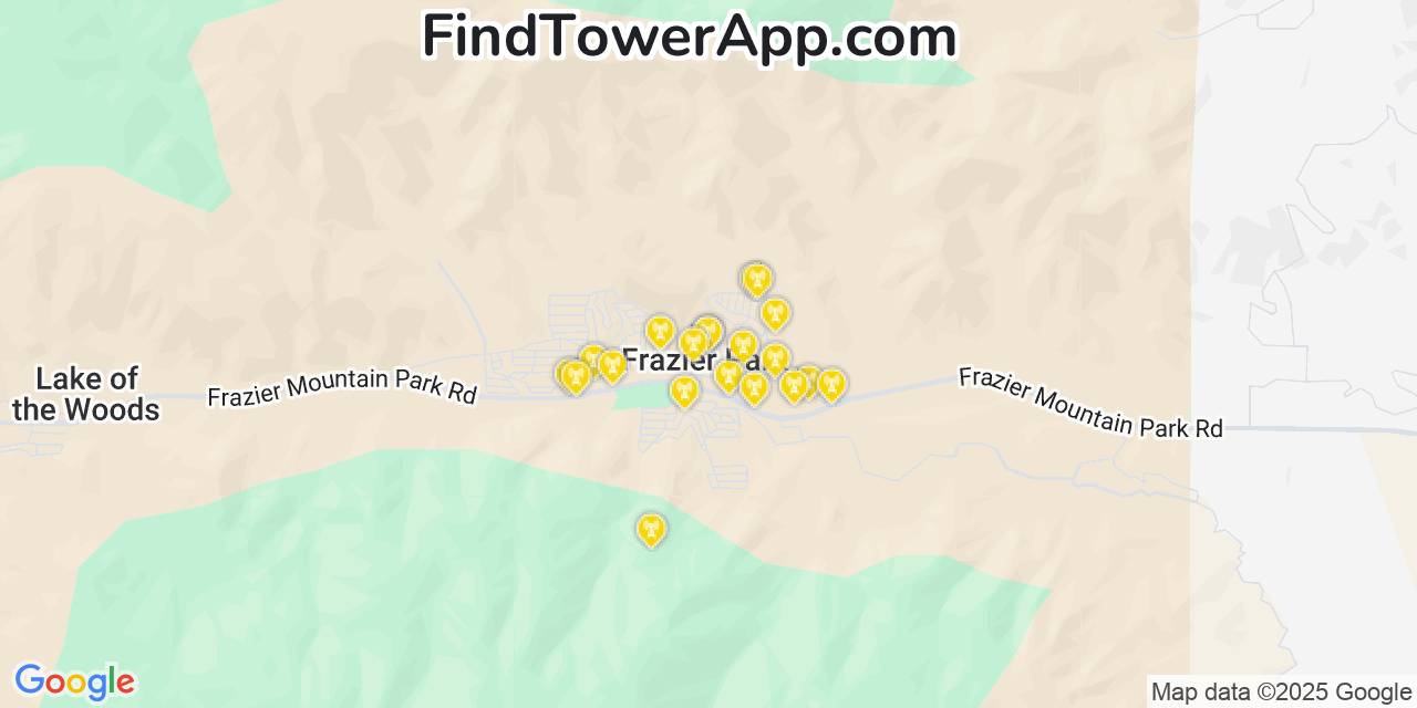 Map showing the 20 primary cell tower locations detected in Frazier Park, California from AT&T, Verizon, and T-Mobile networks