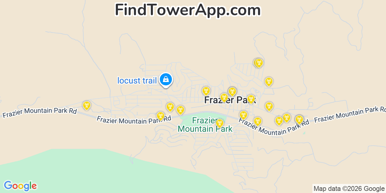 Map showing the 20 primary cell tower locations detected in Frazier Park, California from AT&T, Verizon, and T-Mobile networks