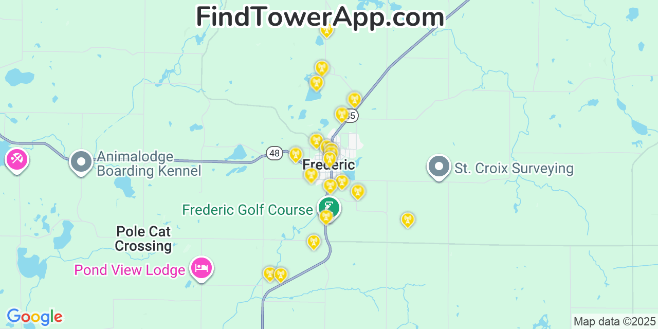 Map showing the 20 primary cell tower locations detected in Frederic, Wisconsin from AT&T, Verizon, and T-Mobile networks