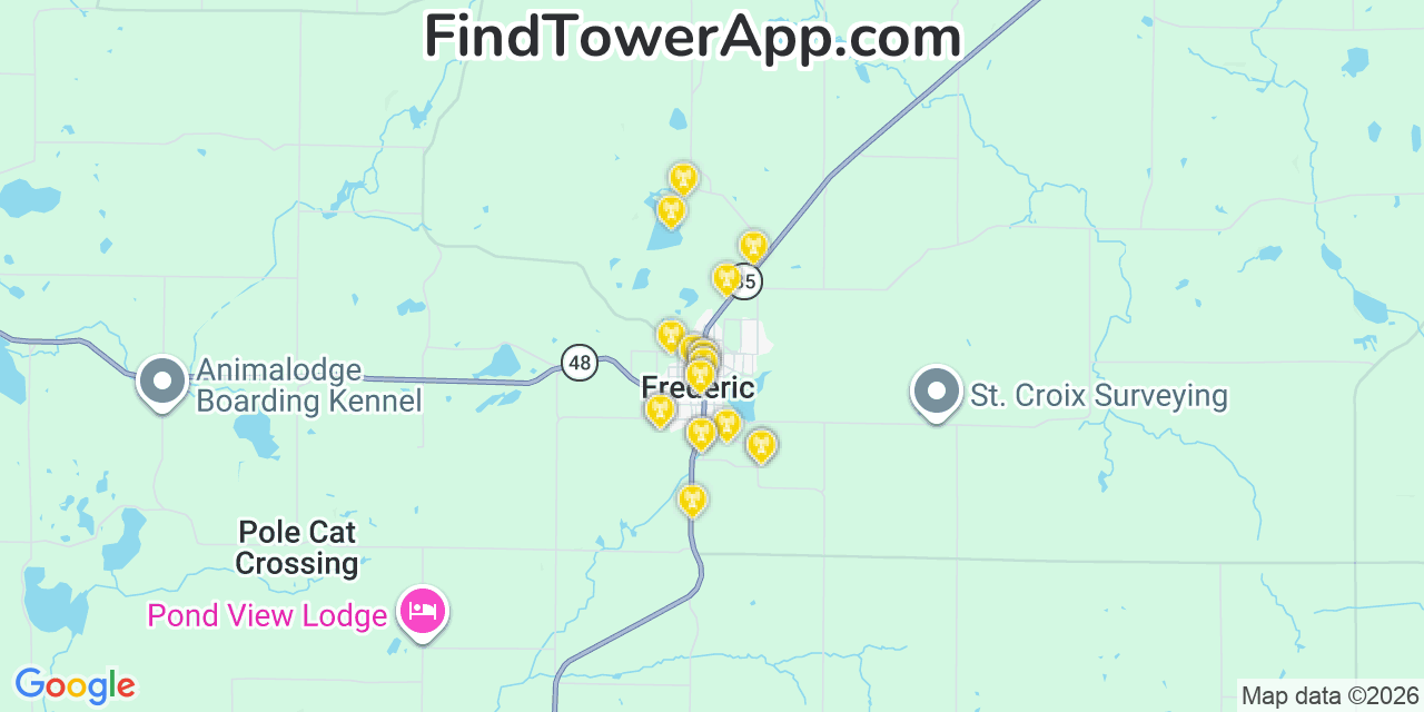 Map showing the 20 primary cell tower locations detected in Frederic, Wisconsin from AT&T, Verizon, and T-Mobile networks