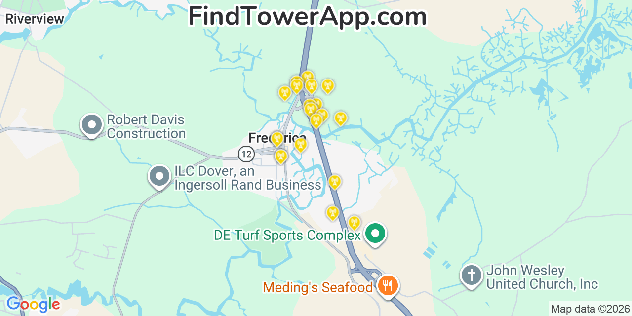 Map showing the 20 primary cell tower locations detected in Frederica, Delaware from AT&T, Verizon, and T-Mobile networks