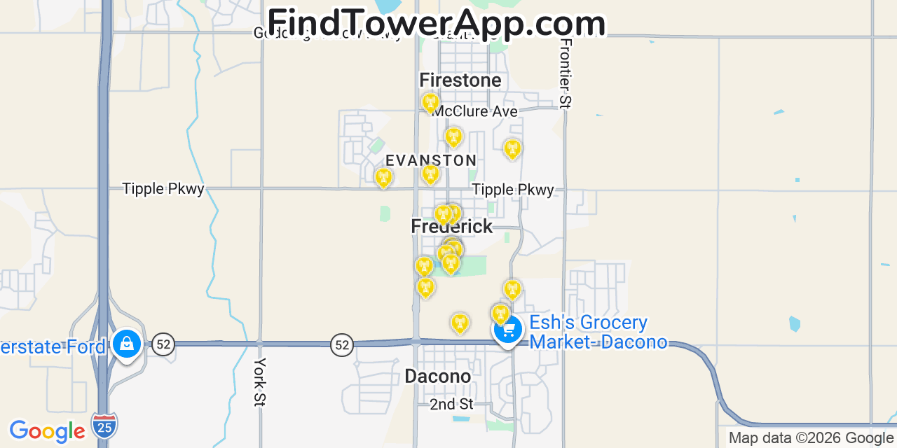 Map showing the 20 primary cell tower locations detected in Frederick, Colorado from AT&T, Verizon, and T-Mobile networks