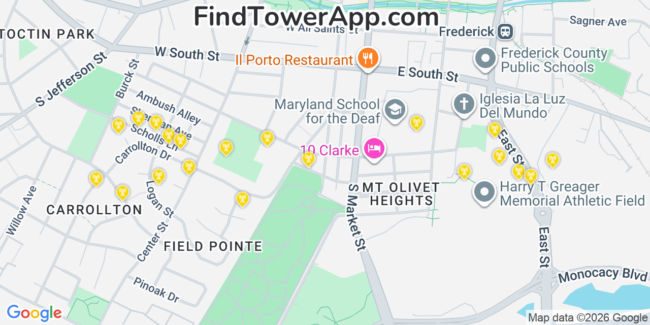 Map showing the 20 primary cell tower locations detected in Frederick, Maryland from AT&T, Verizon, and T-Mobile networks