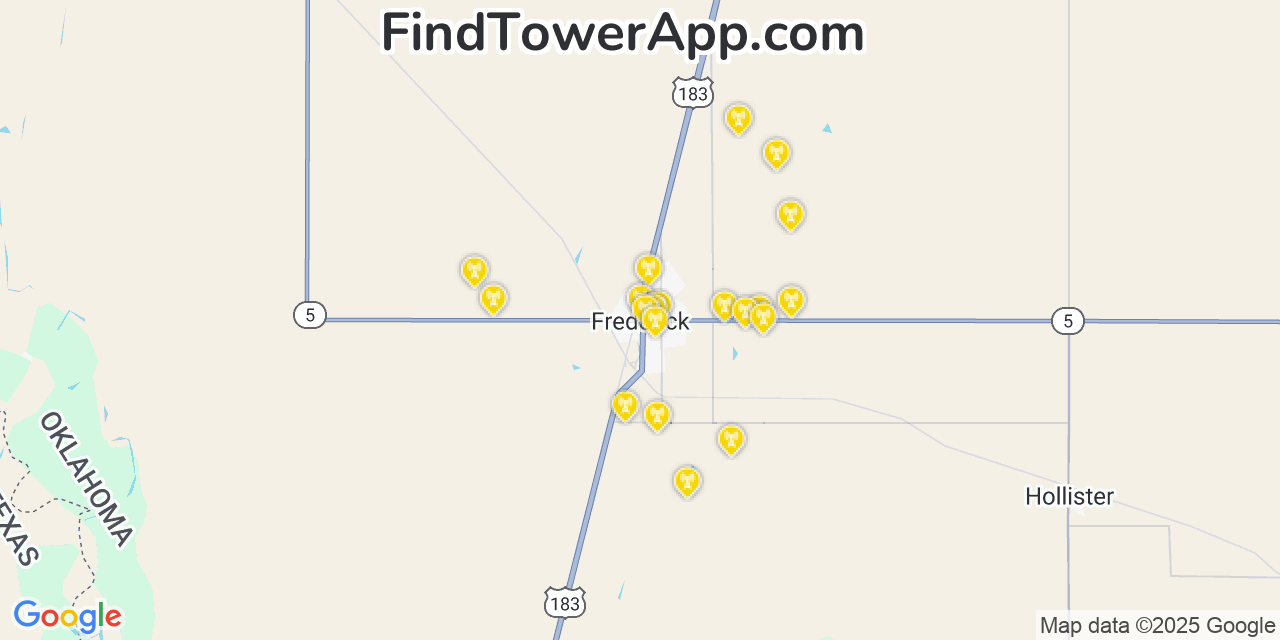 Map showing the 20 primary cell tower locations detected in Frederick, Oklahoma from AT&T, Verizon, and T-Mobile networks