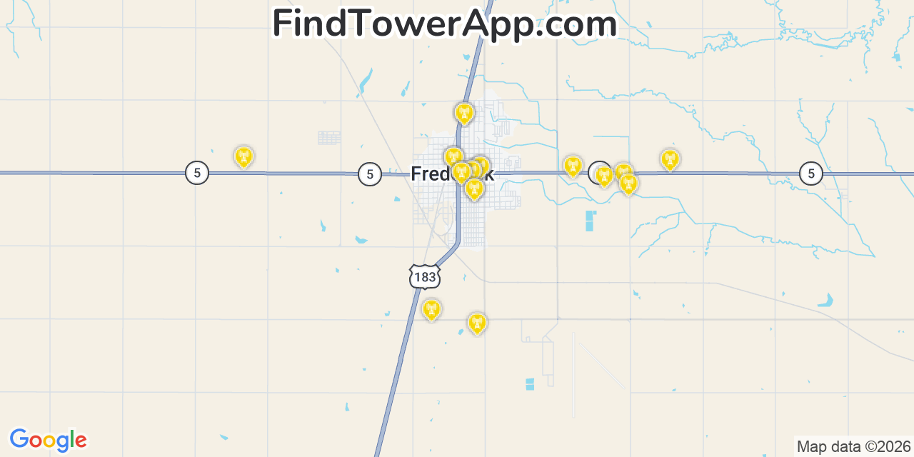 Map showing the 20 primary cell tower locations detected in Frederick, Oklahoma from AT&T, Verizon, and T-Mobile networks