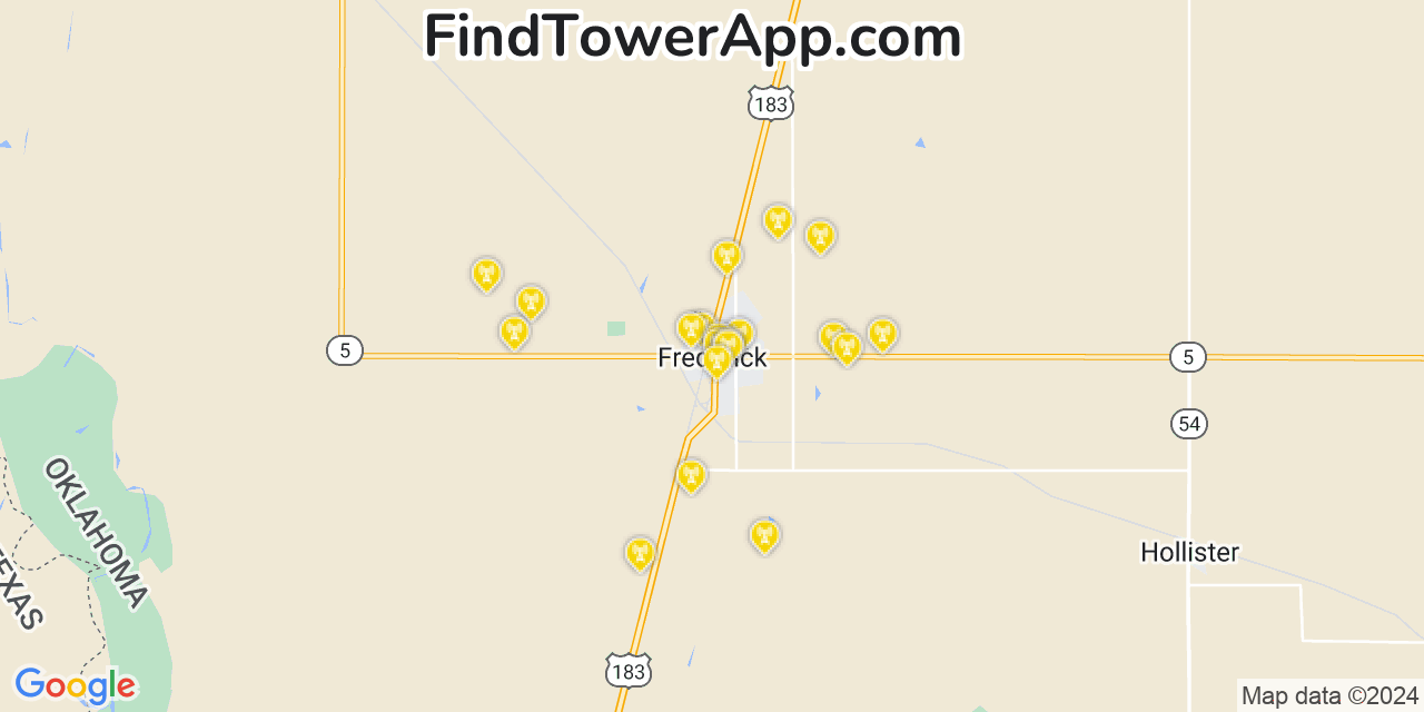 Verizon 4G/5G cell tower coverage map Frederick, Oklahoma