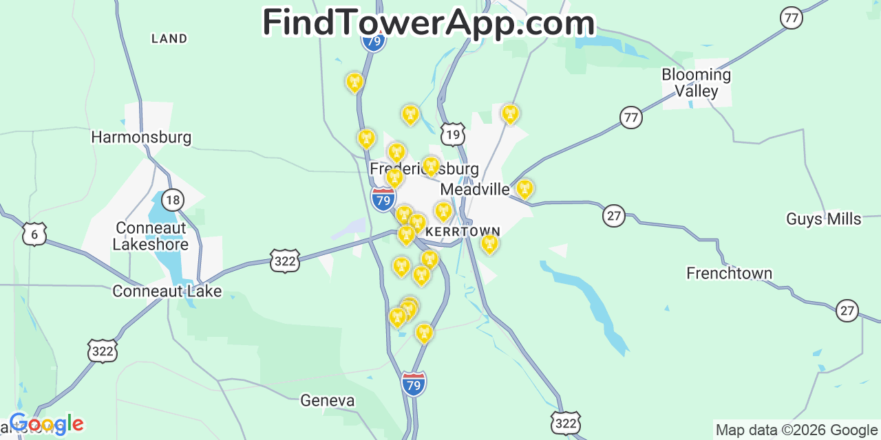 Map showing the 20 primary cell tower locations detected in Fredericksburg, Pennsylvania from AT&T, Verizon, and T-Mobile networks