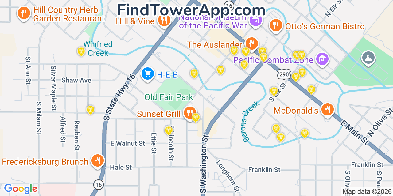 Map showing the 20 primary cell tower locations detected in Fredericksburg, Texas from AT&T, Verizon, and T-Mobile networks