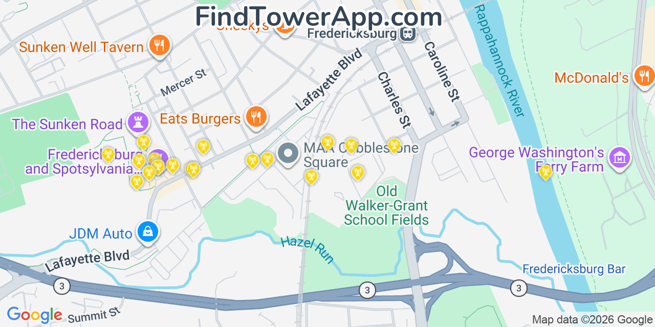 Map showing the 20 primary cell tower locations detected in Fredericksburg, Virginia from AT&T, Verizon, and T-Mobile networks