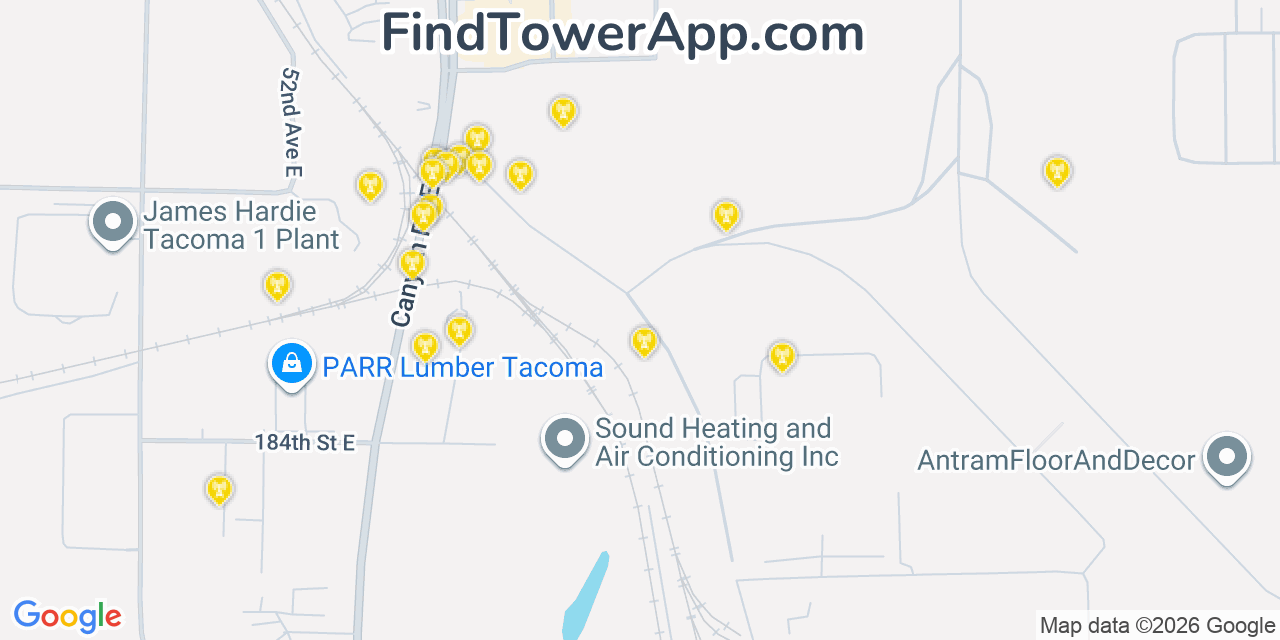 Map showing the 20 primary cell tower locations detected in Frederickson, Washington from AT&T, Verizon, and T-Mobile networks
