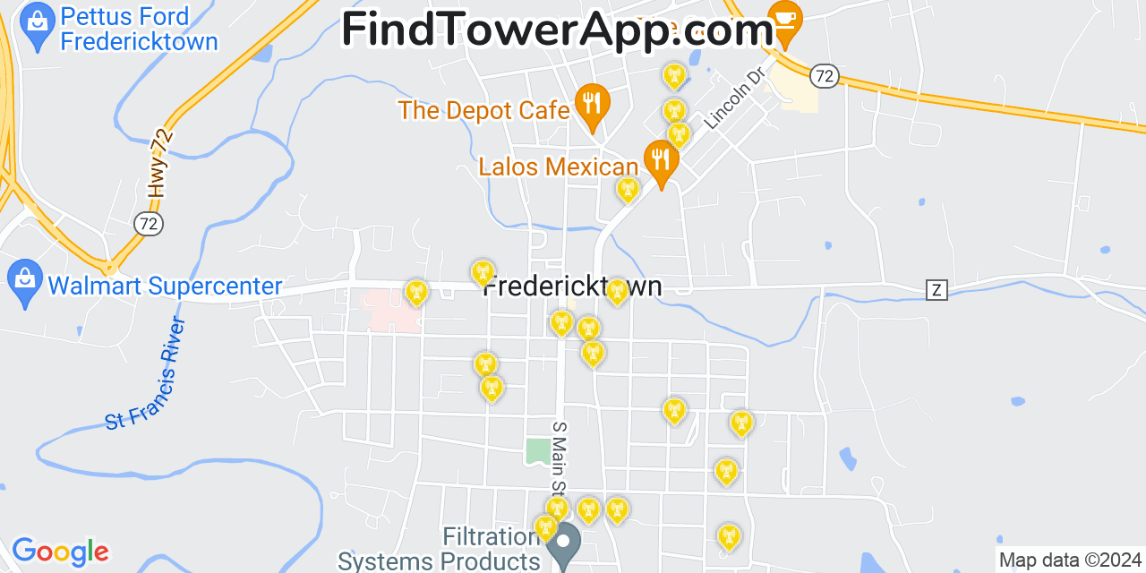 AT&T 4G/5G cell tower coverage map Fredericktown, Missouri