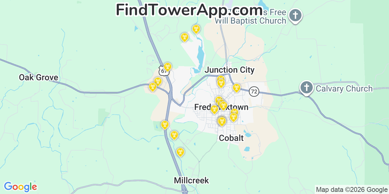 Map showing the 20 primary cell tower locations detected in Fredericktown, Missouri from AT&T, Verizon, and T-Mobile networks