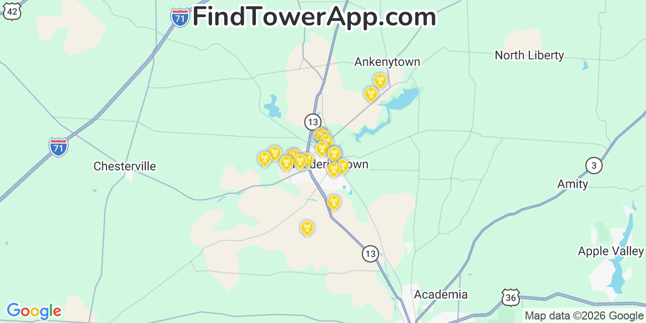 Map showing the 20 primary cell tower locations detected in Fredericktown, Ohio from AT&T, Verizon, and T-Mobile networks