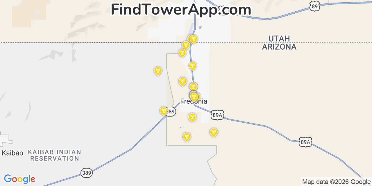 Map showing the 20 primary cell tower locations detected in Fredonia, Arizona from AT&T, Verizon, and T-Mobile networks