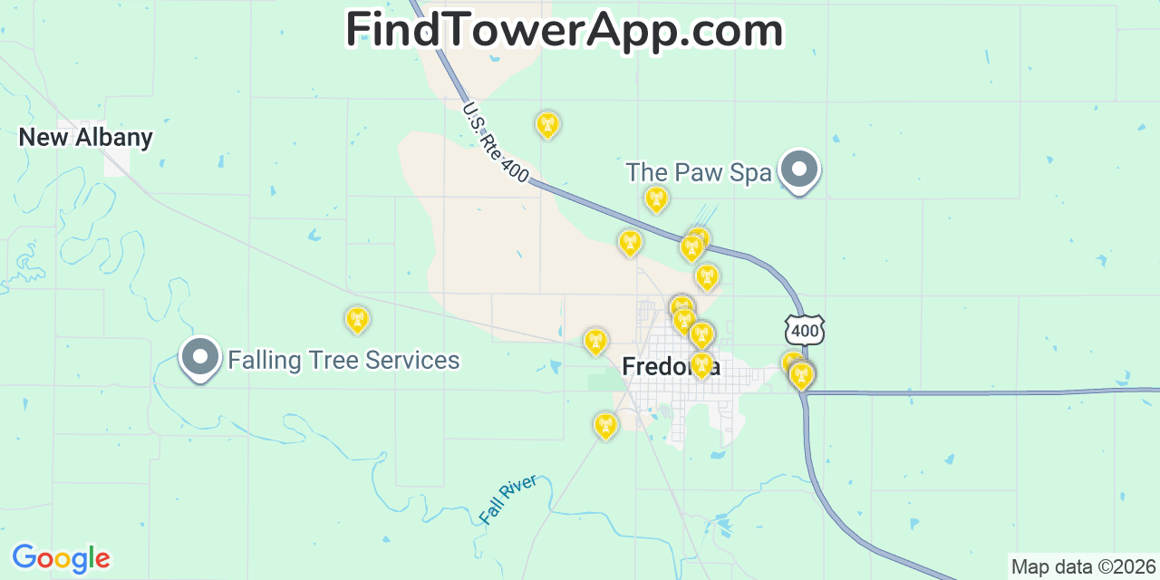 Map showing the 20 primary cell tower locations detected in Fredonia, Kansas from AT&T, Verizon, and T-Mobile networks