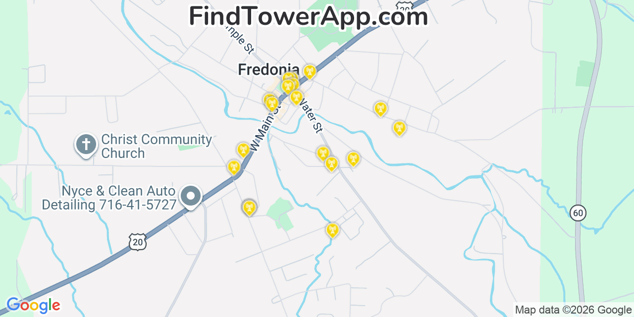 Map showing the 20 primary cell tower locations detected in Fredonia, New York from AT&T, Verizon, and T-Mobile networks