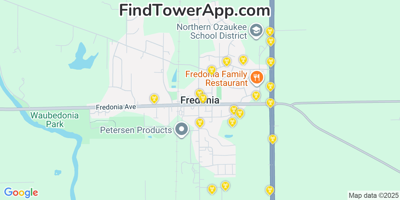 Map showing the 20 primary cell tower locations detected in Fredonia, Wisconsin from AT&T, Verizon, and T-Mobile networks