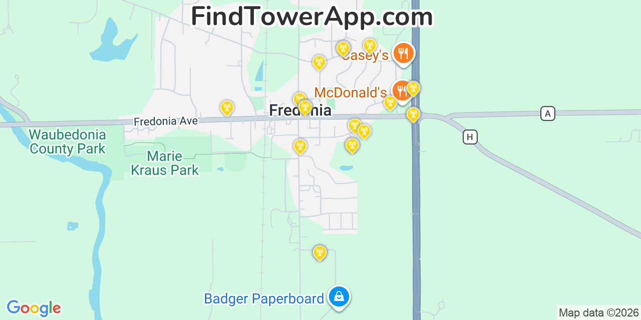 Map showing the 20 primary cell tower locations detected in Fredonia, Wisconsin from AT&T, Verizon, and T-Mobile networks