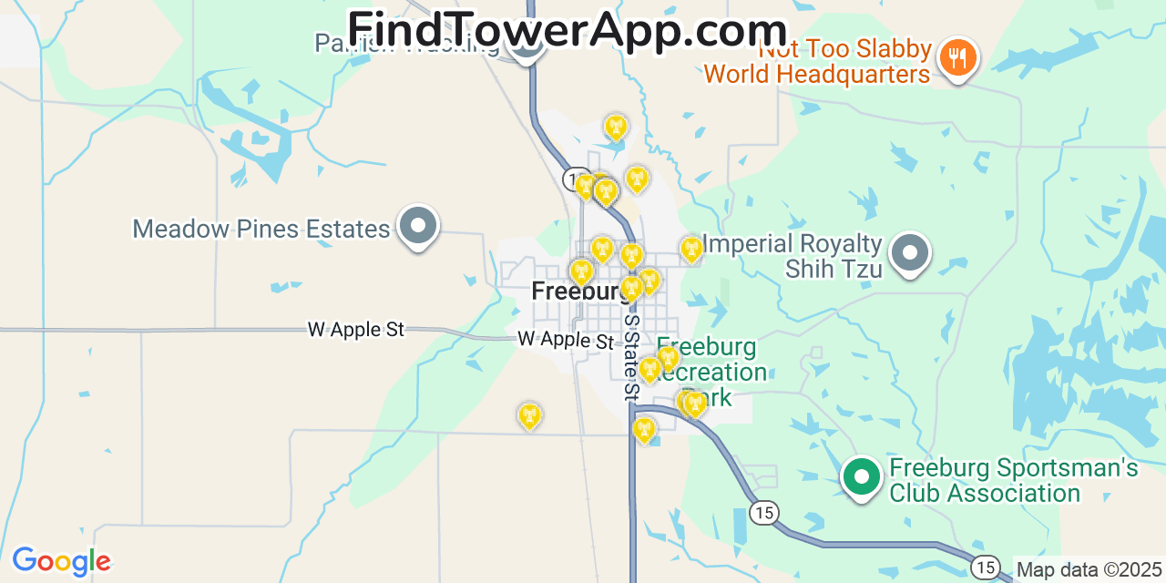 Map showing the 20 primary cell tower locations detected in Freeburg, Illinois from AT&T, Verizon, and T-Mobile networks
