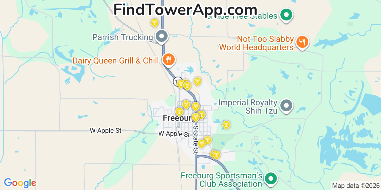Map showing the 20 primary cell tower locations detected in Freeburg, Illinois from AT&T, Verizon, and T-Mobile networks