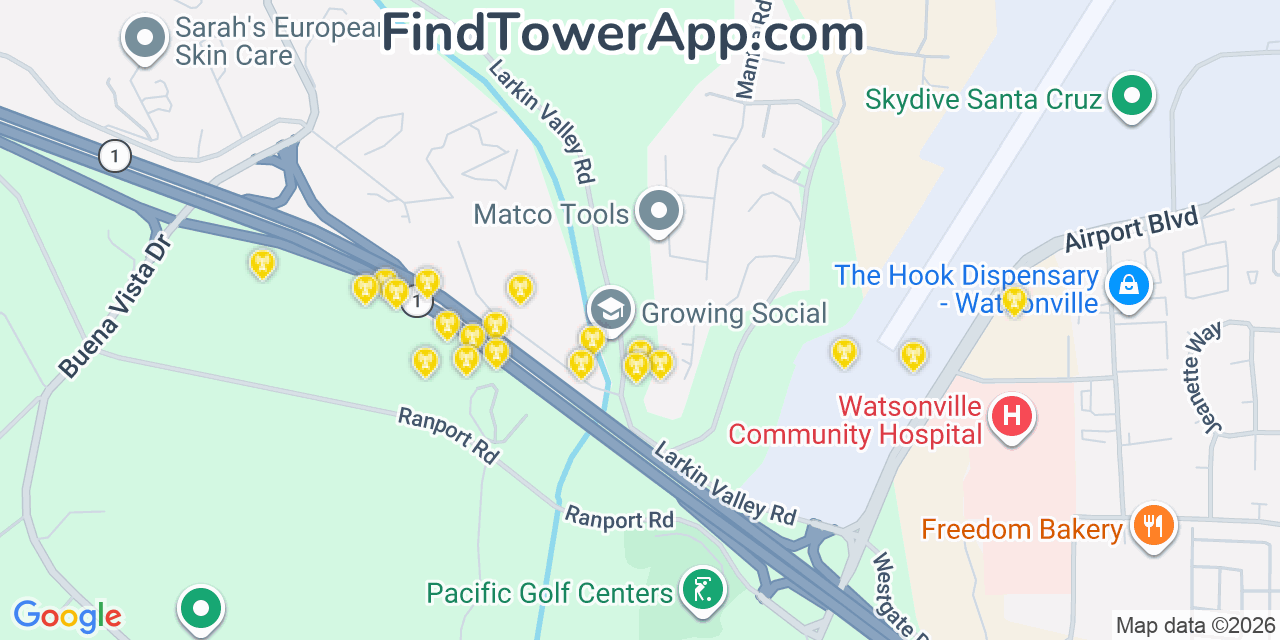Map showing the 20 primary cell tower locations detected in Freedom, California from AT&T, Verizon, and T-Mobile networks