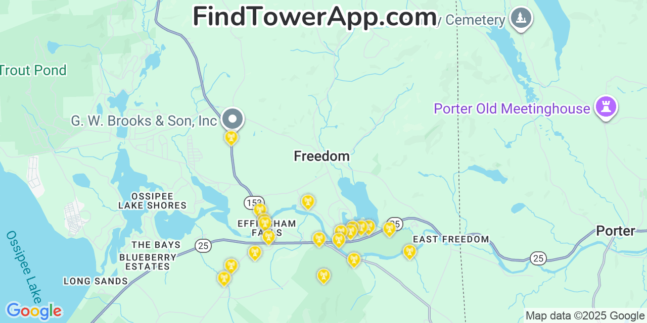 Map showing the 20 primary cell tower locations detected in Freedom, New Hampshire from AT&T, Verizon, and T-Mobile networks