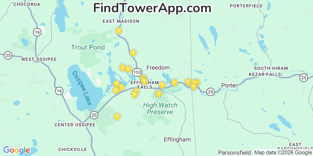 Map showing the 20 primary cell tower locations detected in Freedom, New Hampshire from AT&T, Verizon, and T-Mobile networks