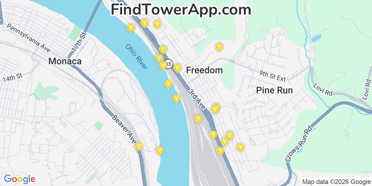 Map showing the 20 primary cell tower locations detected in Freedom, Pennsylvania from AT&T, Verizon, and T-Mobile networks