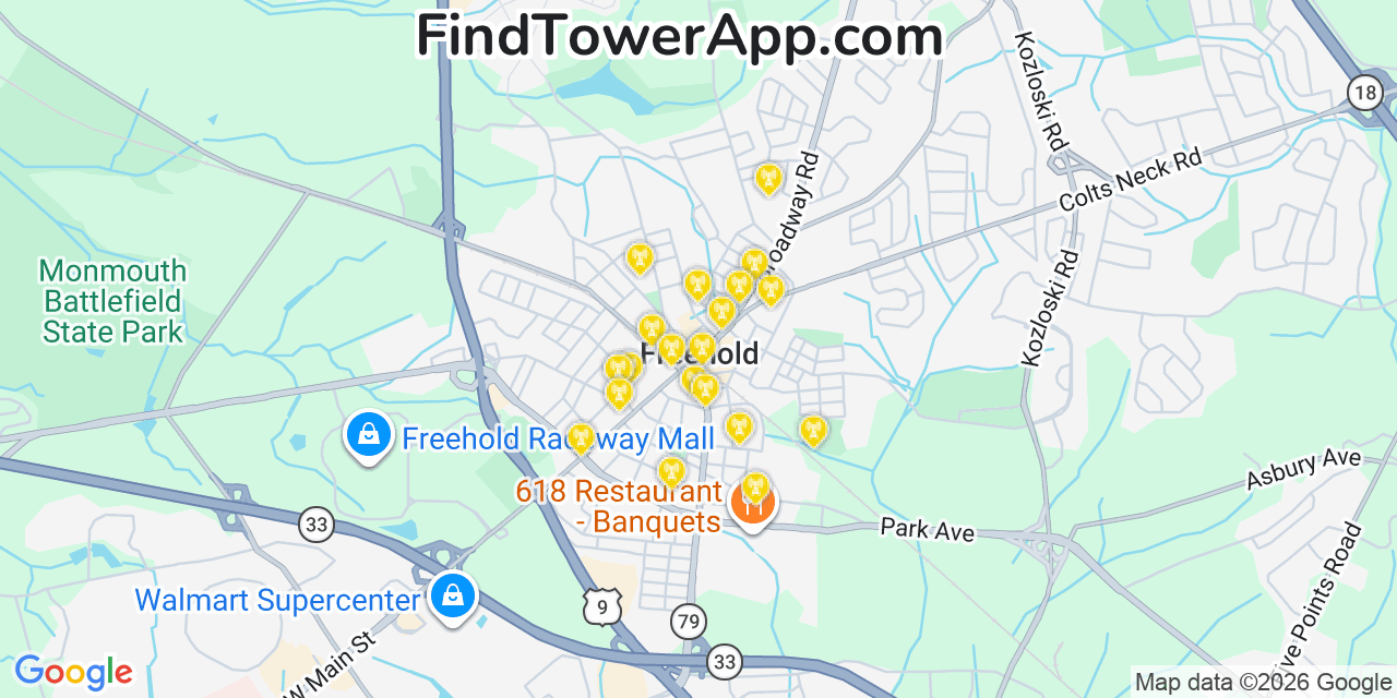Map showing the 20 primary cell tower locations detected in Freehold, New Jersey from AT&T, Verizon, and T-Mobile networks