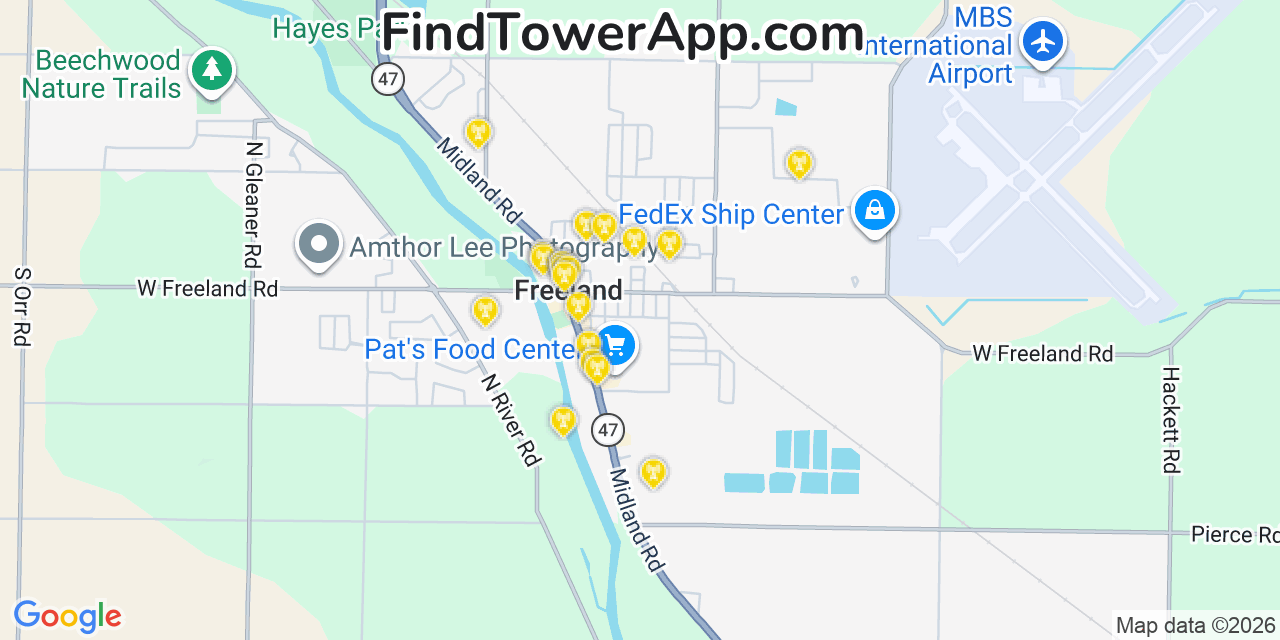 Map showing the 20 primary cell tower locations detected in Freeland, Michigan from AT&T, Verizon, and T-Mobile networks