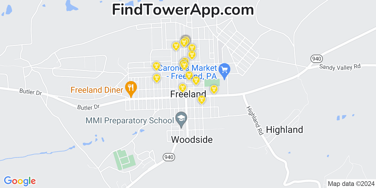 AT&T 4G/5G cell tower coverage map Freeland, Pennsylvania